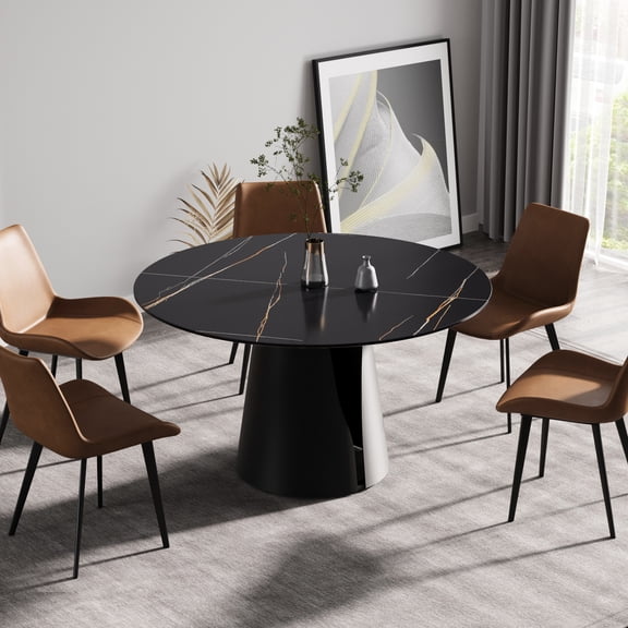 54.65" Round Dining Table For 6, With Fade- Sintered Stone & Black Base Modern 6 Tabletop Structure