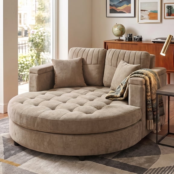 Ehsovlnut 54.7 in. Oversized Round Loveseat, 66.9 in. Deep, Tufted Upholstery, Wide Armrests and 2 Throw Pillows