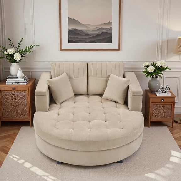54.7"W Oversized Curved Chaise Lounge with Storage Armrests and 2 Throw Pillows