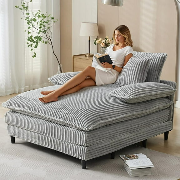 54.75”W Oversized Chaise Lounge Chair Indoor, Modern Upholstered Corduroy Sleeper Sofa Bed Chair, Comfy Deep Seat Sofa Cloud Couch with 3 Pillow, Recliner Reading Chair for Living Room, Bedroom, Gray