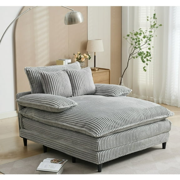 54.75" W Oversized Chaise Lounge Chair, Fluffy Cushioned Sofa Bed, Deep Seat, Corduroy, 2 Pillows, 4 Gears Can Be Adjusted, Leisure Sleeper Sofa Chair for Living Room (Grey)