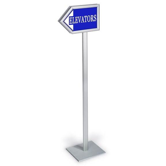 54.75"h Directional Arrow Sign with Front-Loading Frames, Double-Sided, Lobby Directory Stand - Silver Aluminum (ARWSX28511)