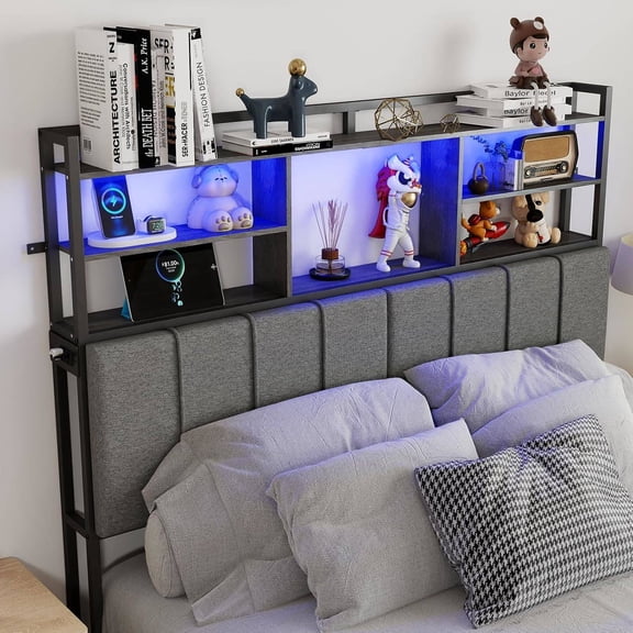 54.8" Tall Full Size Upholstered Headboard with 3-Tier Adjustable Shelves, USB-A/Type-C Ports, AC Outlets & Built-in LED Light