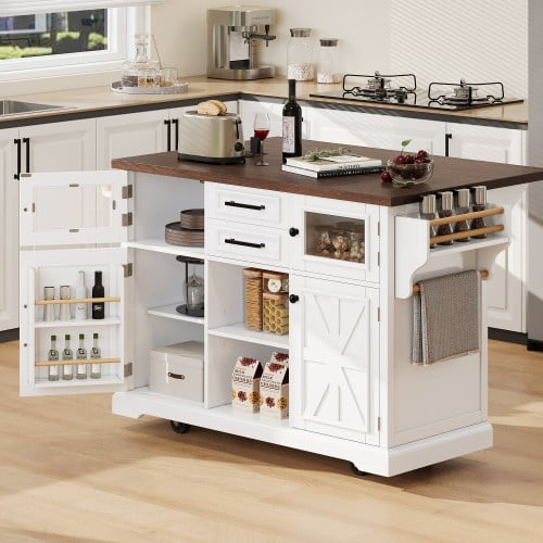 54.9 Inch Kitchen Island, Farmhouse Rolling Storage Cart with Power Outlet, Drop Leaf Side Table, Glass Door Cabinet, Kitchen Dining Room Organizer, White