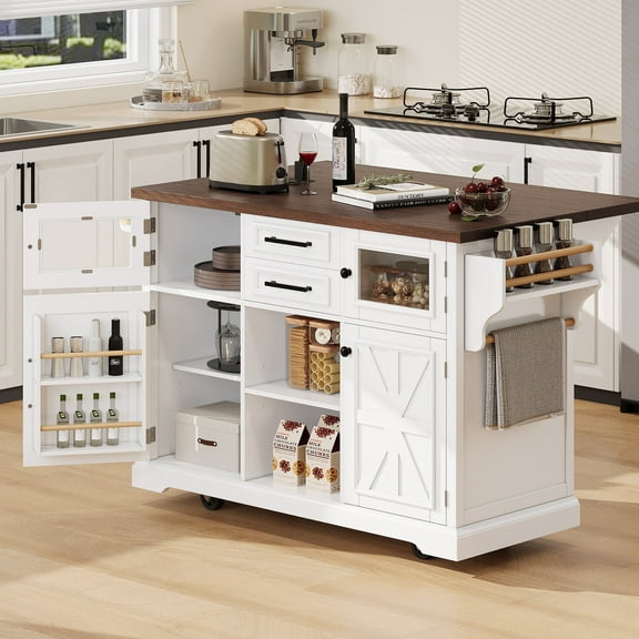 54.9" Kitchen Island with Drop Leaf, Power Outlet, Kitchen Storage Cart with 4 Door Shelves, Cross Barn Doors & Visual Glass Door, Rolling Kitchen Island on 4 Wheels for Kitchen, Dining Room, White
