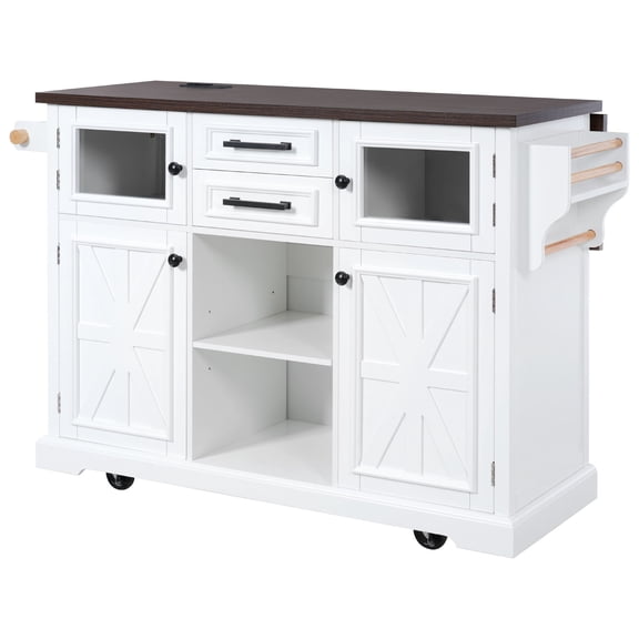 54.9" Kitchen Island with Drop Leaf, Power Outlet, Kitchen Storage Cart with 4 Door Shelves, Cross Barn Doors & Visual Glass Door, Rolling Kitchen Island on 4 Wheels for Kitchen, Dining Room,White
