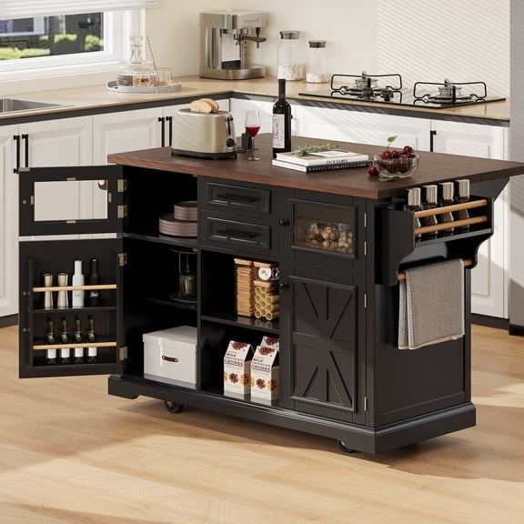AskPeak Kitchen Island with Drop Leaf, Power Outlet, Storage Cart, Rolling, 4 Doors, Glass Door, 54.9 Inch