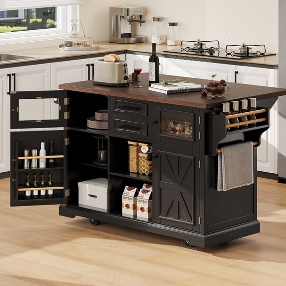 54.9" Kitchen Island with Drop Leaf, Power Outlet, Kitchen Storage Cart with 4 Door Shelves, Cross Barn Doors & Visual Glass Door, Rolling Kitchen Island on 4 Wheels