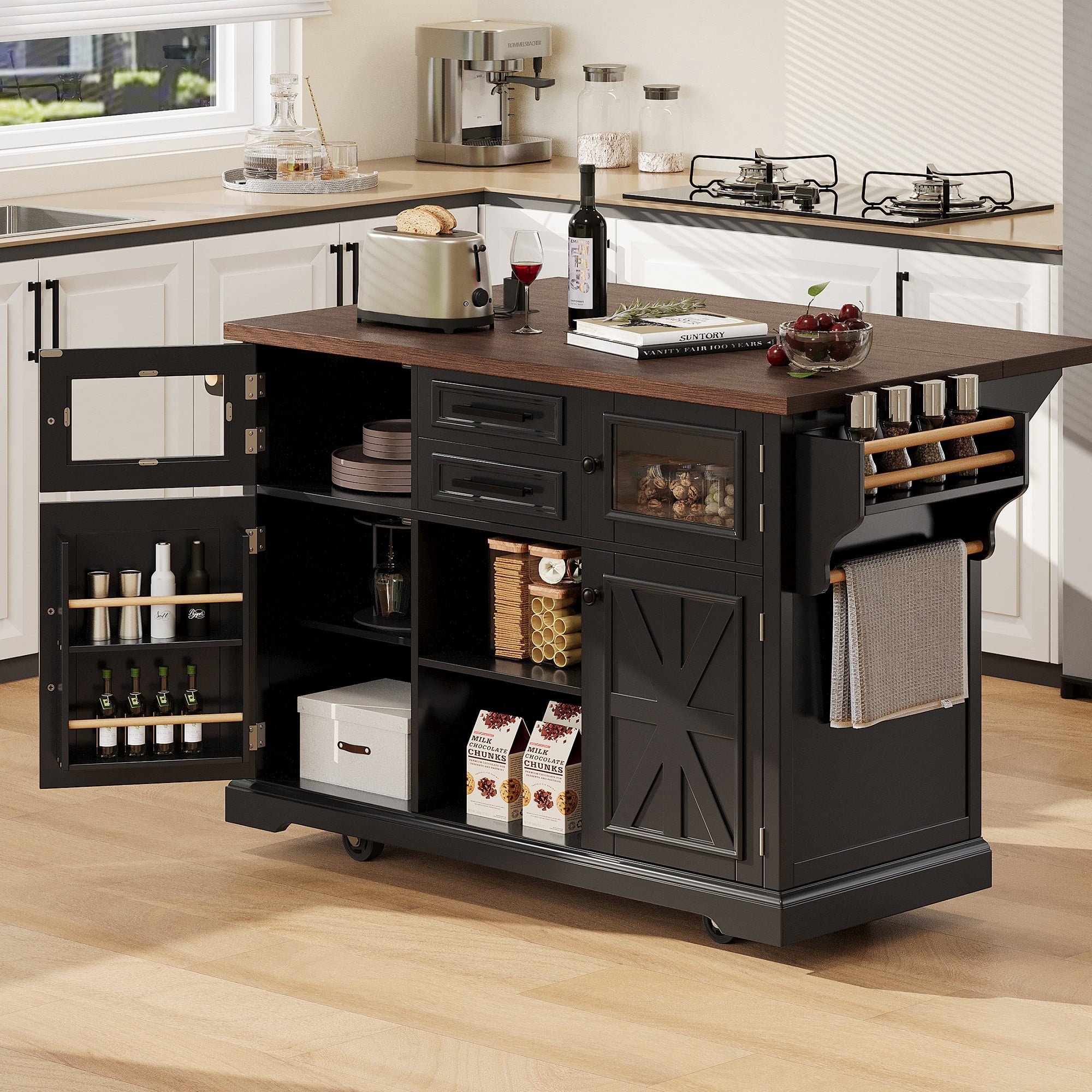 54.9" Kitchen Island on Wheels with Drop Leaf, Power Outlet, 4 Door Shelves, Cross Barn Doors & Visual Glass Door