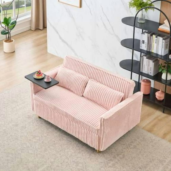54" Adjustable Back Convertible Loveseat Sleeper Sofa Bed, Pull-Out Loveseat Convertible with Movable Tabletop, Sofa Bed Couch with Built-In Rollers for Living Room, Pink