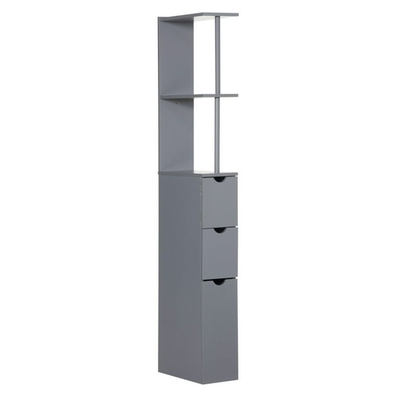 54" Bathroom Linen Tower, Freestanding Storage Cabinet, Narrow Organizer with Drawers, Modern Gray Finish - Small Bathroom Solutions