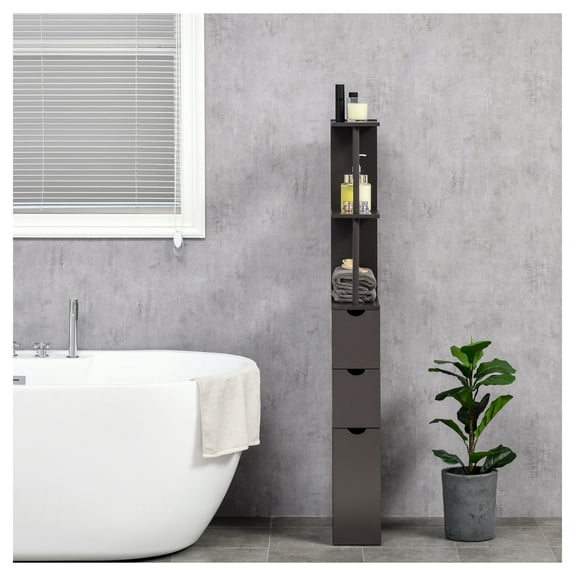 54" Bathroom Linen Tower, Freestanding Storage Cabinet with Drawers & Shelves, Narrow Floor Organizer, Brown