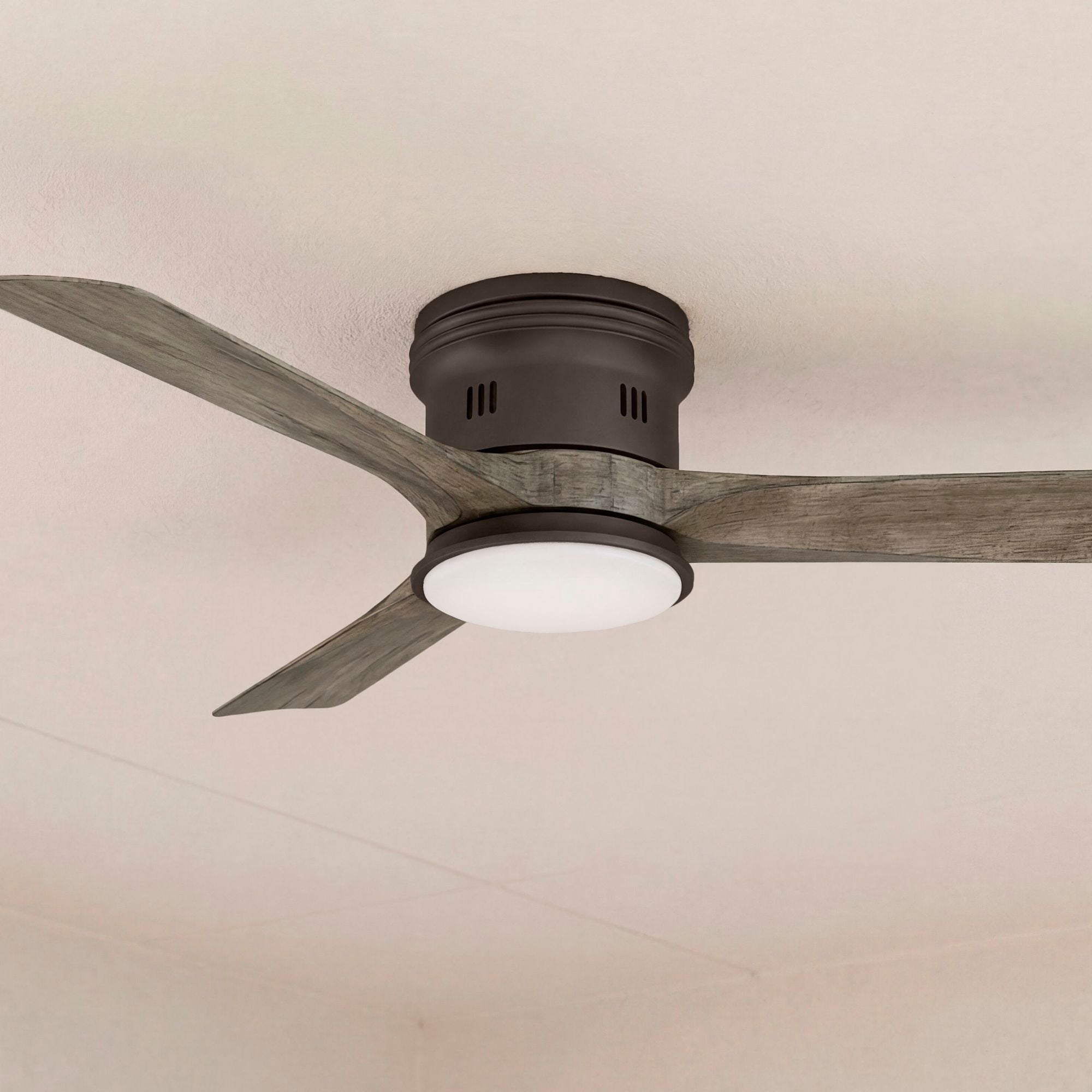 54" Casa Vieja Modern Hugger Low Profile Indoor Outdoor Ceiling Fan with Light LED Remote Bronze Wood Opal Glass Damp Rated Patio