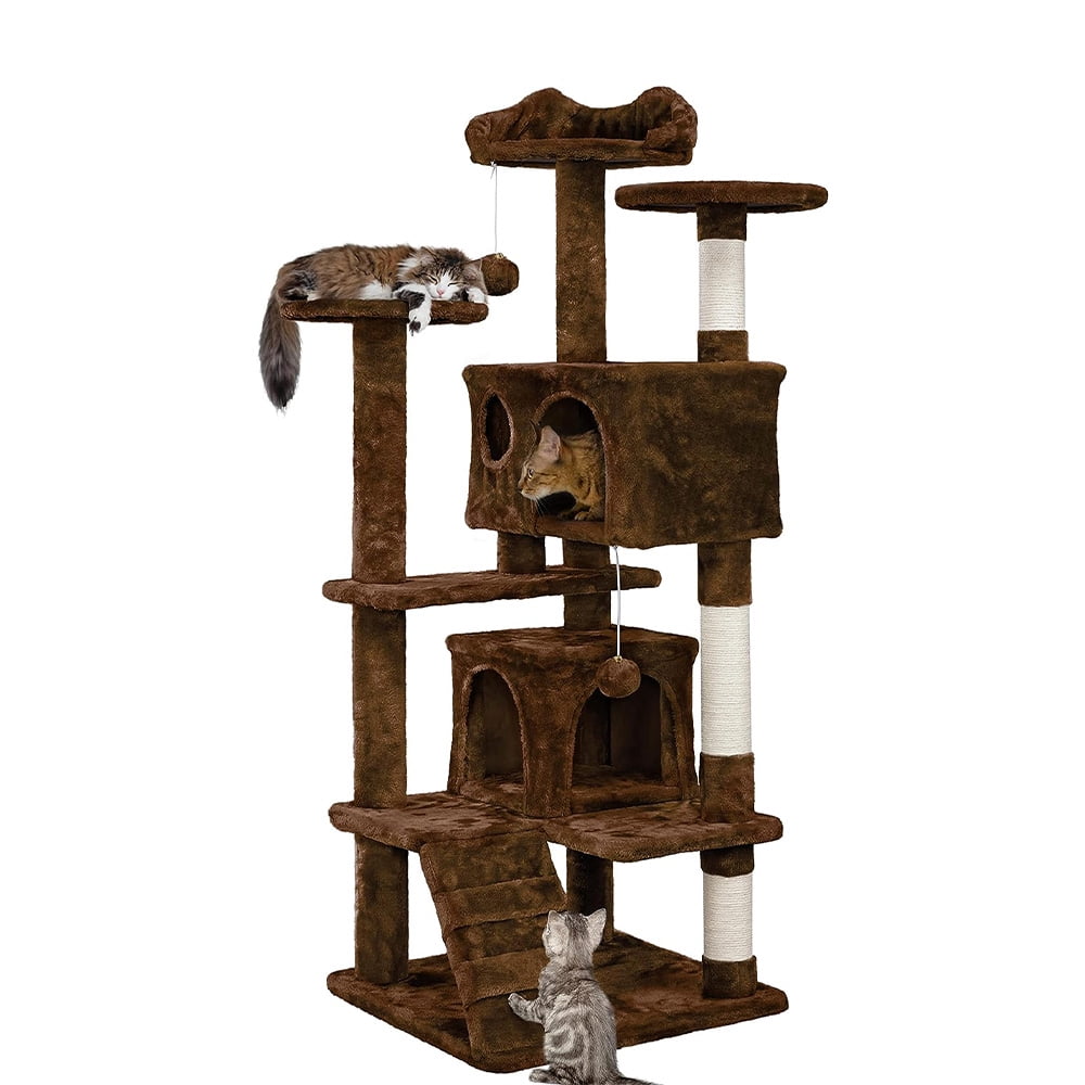 54" Brown Cat Tree Tower with Sisal Scratching Posts and Condos