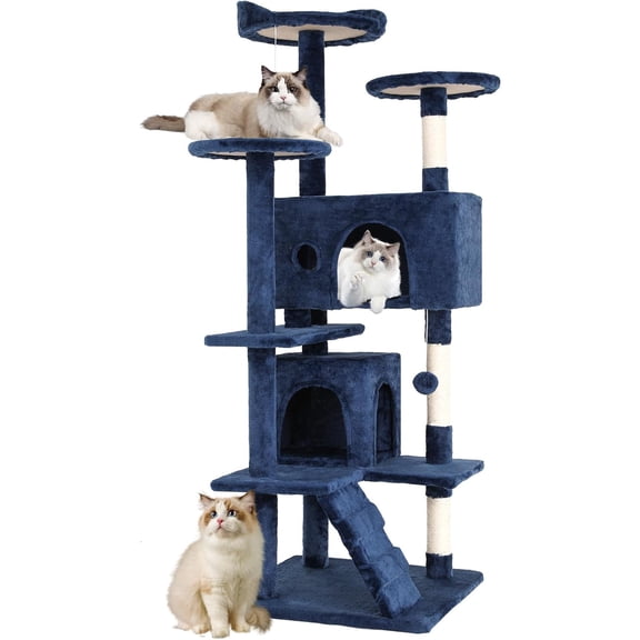 | 54" Cat Tree Tower | Dark Blue | Multi-Level Indoor Activity Center with Sisal Scratching Posts, Condos, Plush Perches, Hanging Cat Toys | Sturdy, Easy to Assemble | for Kittens & Adult Cats