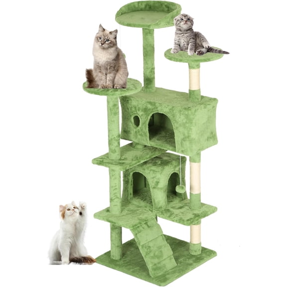 | 54" Cat Tree Tower | Green | Multi-Level Indoor Activity Center with Sisal Scratching Posts, Condos, Plush Perches, Hanging Cat Toys | Sturdy, Easy to Assemble | for Kittens & Adult Cats