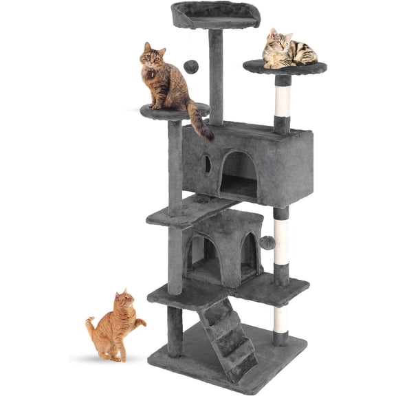 | 54" Cat Tree Tower | Light Gray | Multi-Level Indoor Activity Center with Sisal Scratching Posts, Condos, Plush Perches, Hanging Cat Toys | Sturdy, Easy to Assemble | for Kittens & Adult Cats