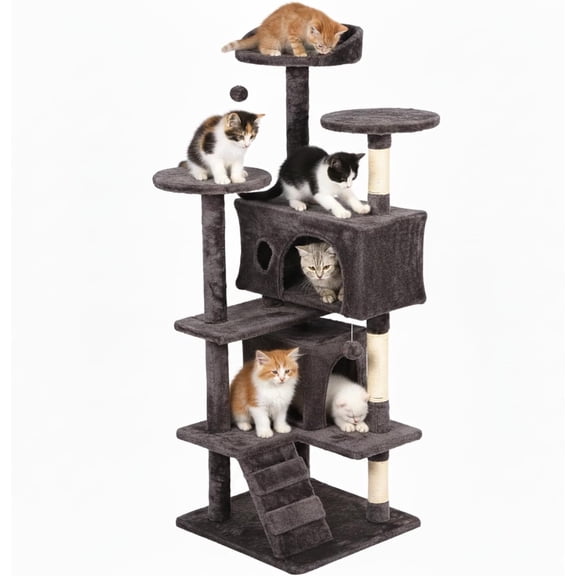 | 54" Cat Tree Tower | Purple Gray | Multi-Level Indoor Activity Center with Sisal Scratching Posts, Condos, Plush Perches, Hanging Cat Toys | Sturdy, Easy to Assemble | for Kittens & Adult Cats
