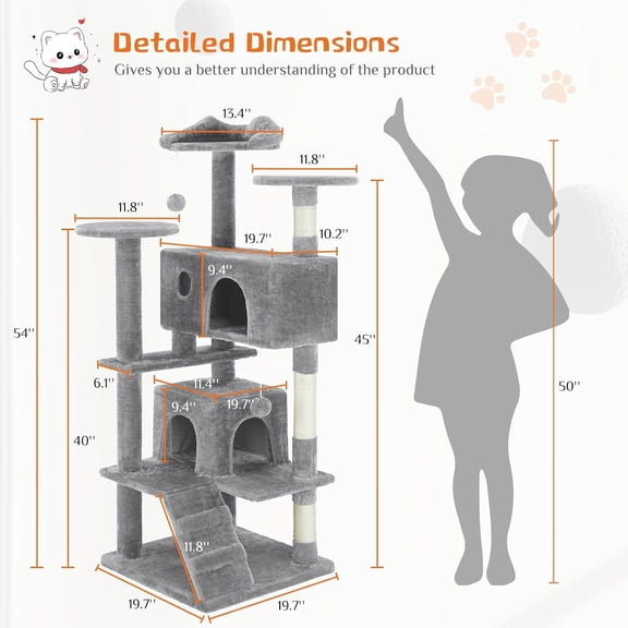 54" Cat Tree Tower with Sisal Posts - Multi-Level Cat Condo with Plush Perch, Hanging Toys, Ladder & Rest House, Pink/Light Grey