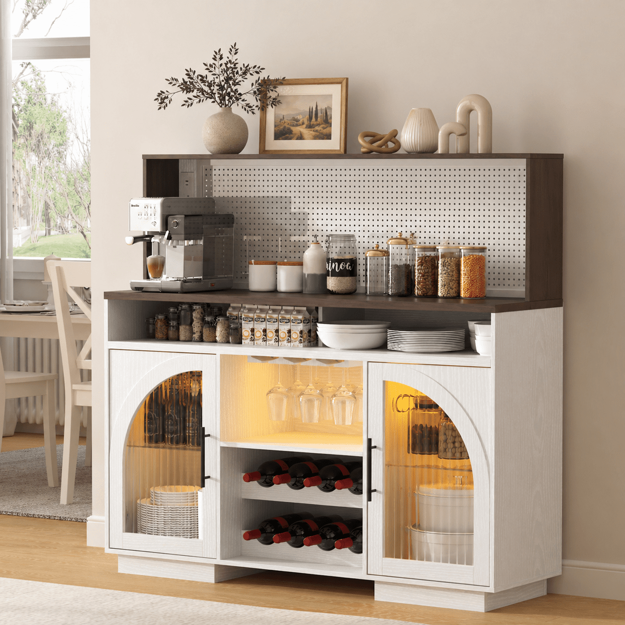 54" Coffee Bar Cabinet with LED Light,Wine Bar Cabinet,Kitchen Hutch Cabinet for Dining Room,White