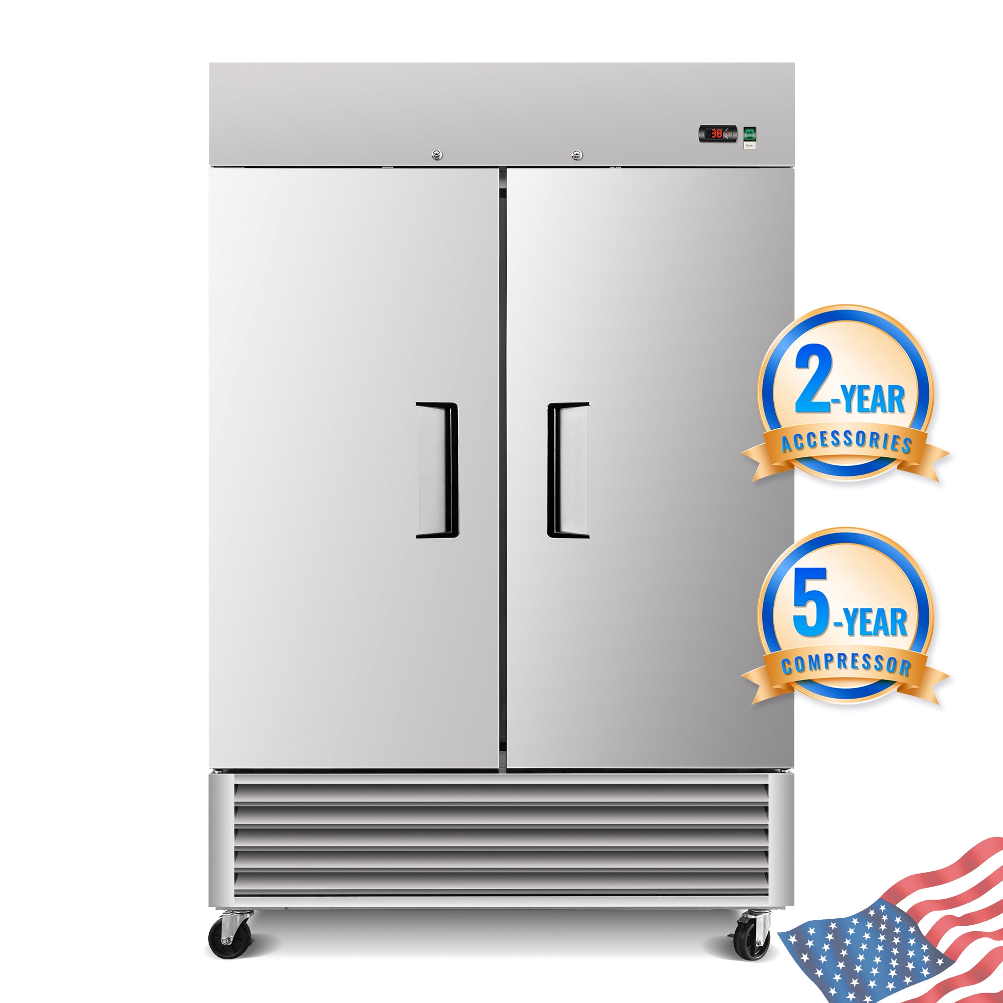 54" Commercial Expandable Upright Refrigerator, Double Door Stainless Steel, 49 Cu.Ft., 6 Adjustable Shelves, Auto Defrost, Digital Thermostat, LED Lighting