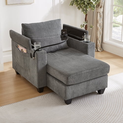 54" Convertible Corduroy Single Sofa Couch, Sillones Para Domitorio Single Sofa with Usb Ports, Butacas Para Sala Sofa with Storage Design for Living Room, Grey