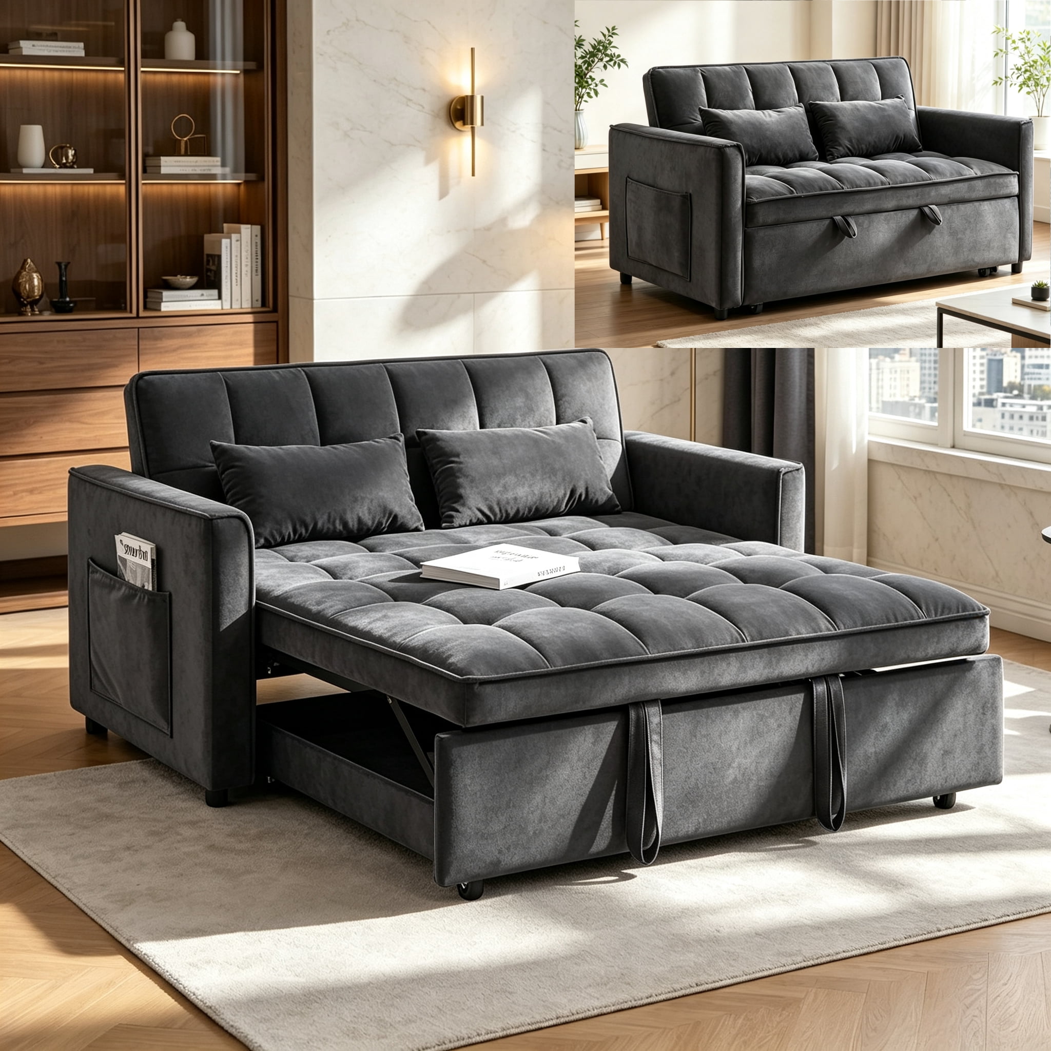 54" Convertible Sleeper Sofa Bed, Modern Velvet 3-in-1 Pull Out Loveseat Couch with 5-Position Backrest & Side Storage Pocket for Living Room, DarkGray