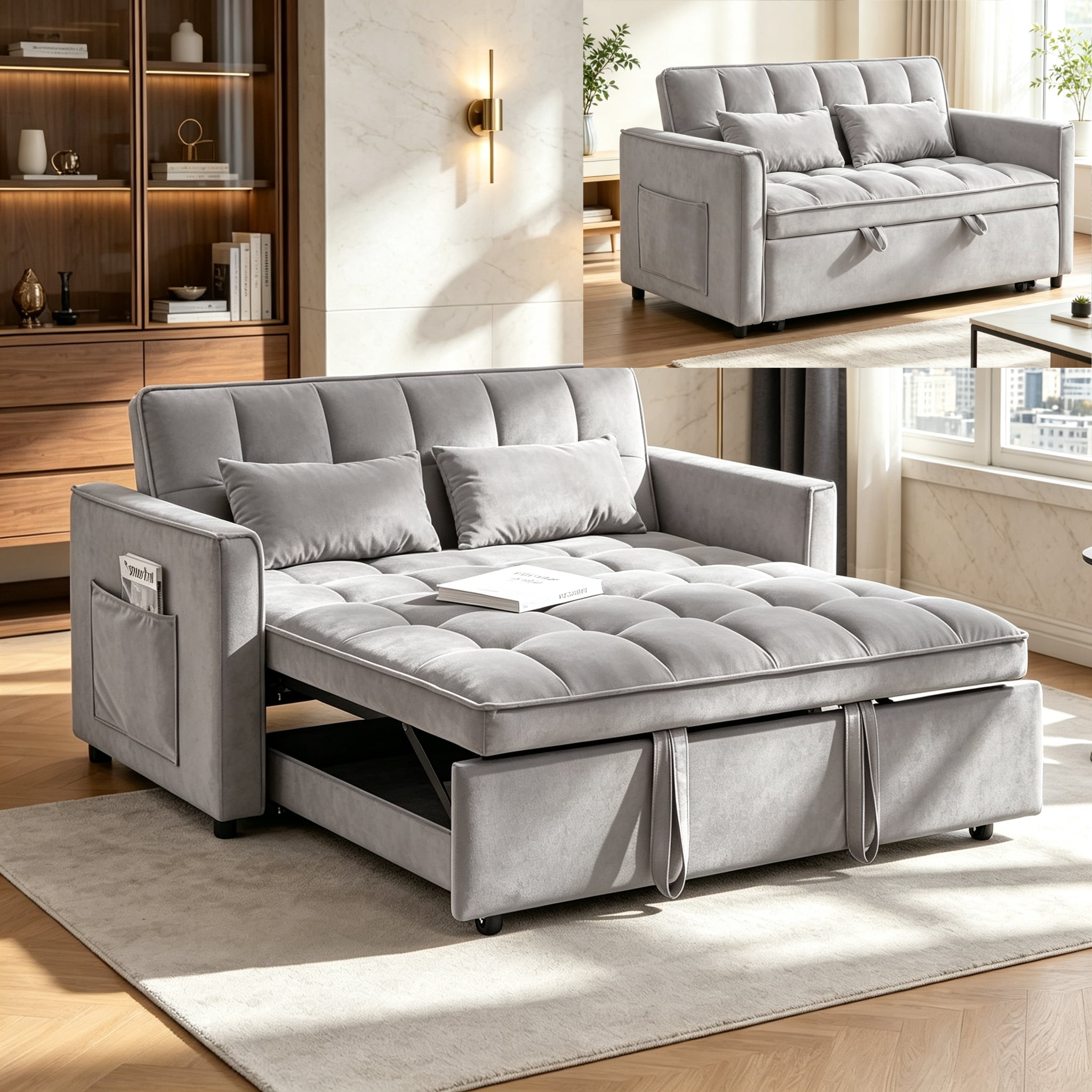 54" Convertible Sleeper Sofa Bed, Modern Velvet 3-in-1 Pull Out Loveseat Couch with 5-Position Backrest & Side Storage Pocket for Living Room, Light Gray