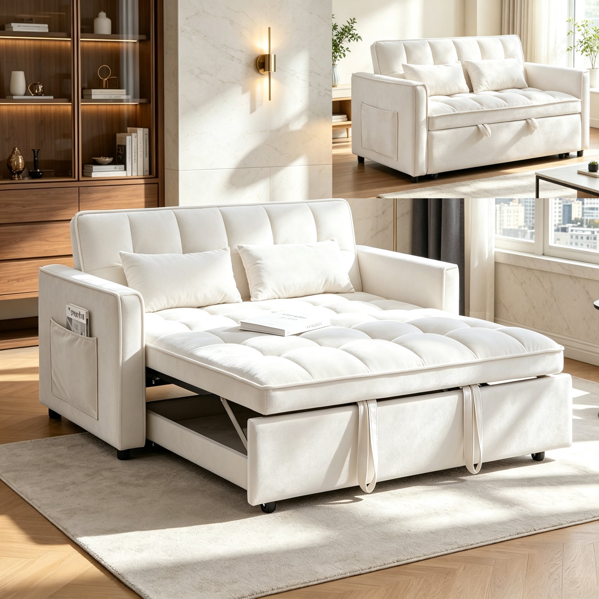 54" Convertible Sleeper Sofa Bed, Modern Velvet 3-in-1 Pull Out Loveseat Couch with 5-Position Backrest & Side Storage Pocket for Living Room, Beige