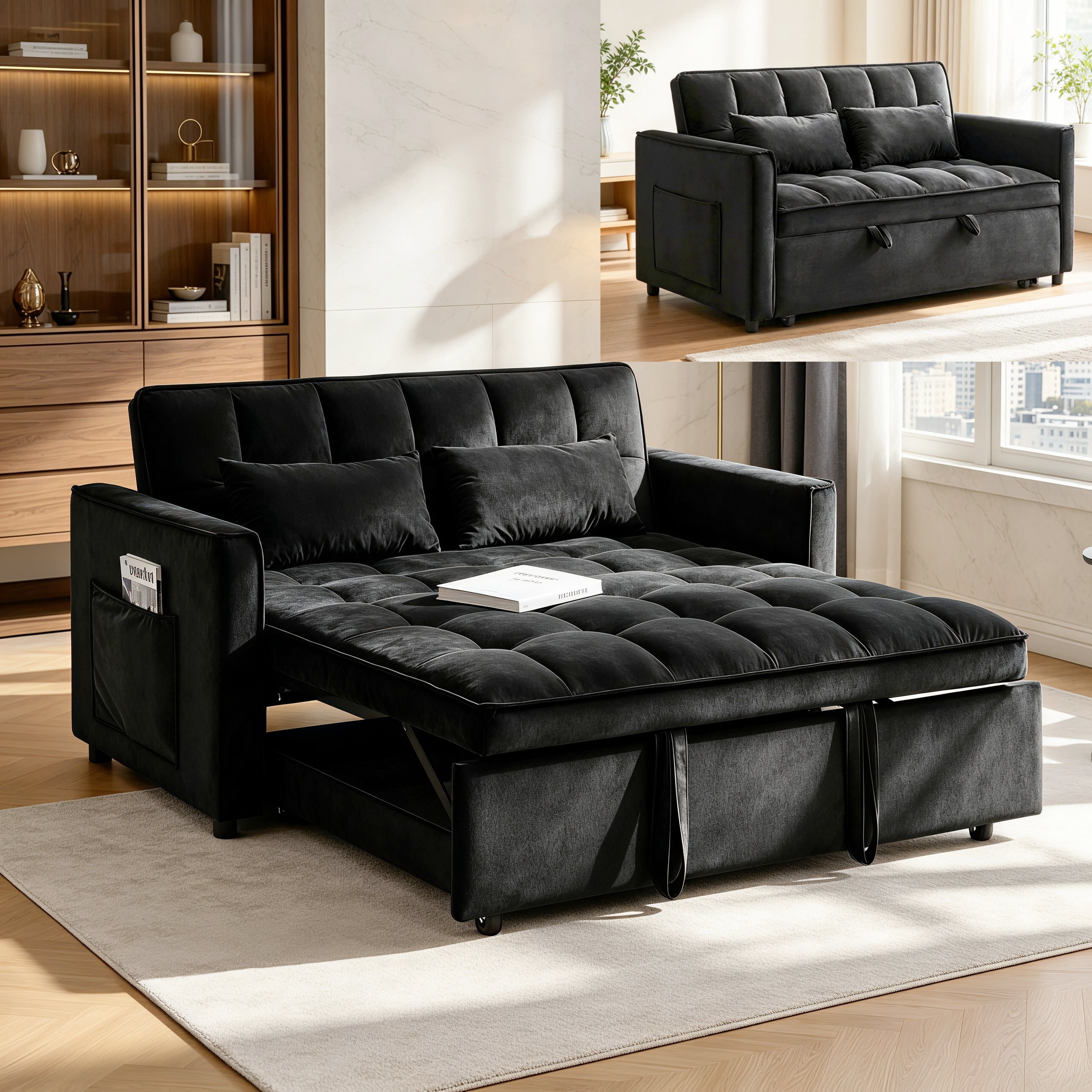 54" Convertible Sleeper Sofa Bed, Modern Velvet 3-in-1 Pull Out Loveseat Couch with 5-Position Backrest & Side Storage Pocket for Living Room, Black