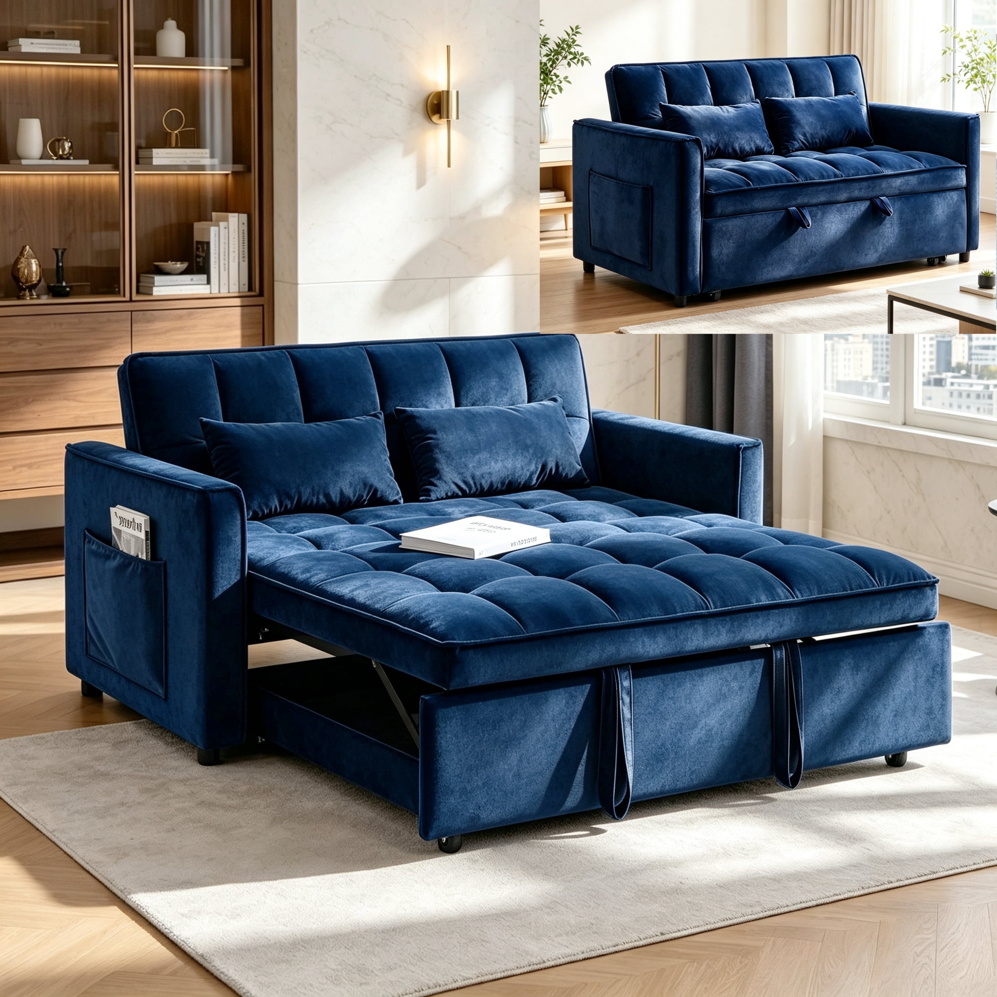 54" Convertible Sleeper Sofa Bed, Modern Velvet 3-in-1 Pull Out Loveseat Couch with 5-Position Backrest & Side Storage Pocket for Living Room, Blue