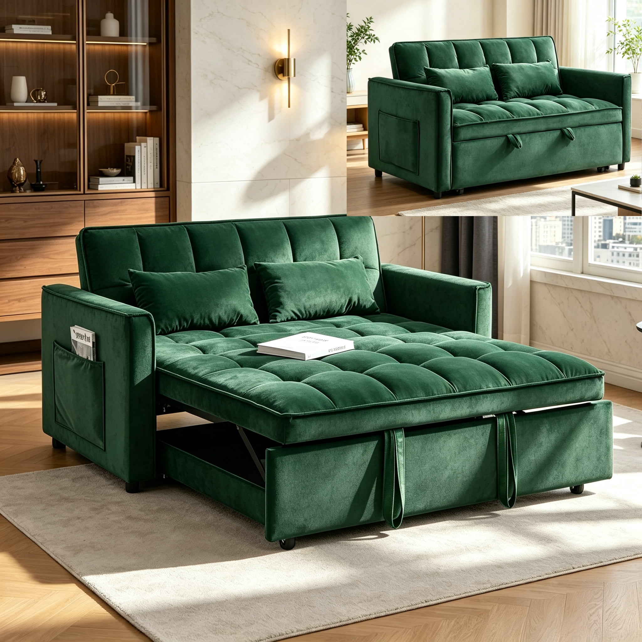 54" Convertible Sleeper Sofa Bed, Modern Velvet 3-in-1 Pull Out Loveseat Couch with 5-Position Backrest & Side Storage Pocket for Living Room, Green