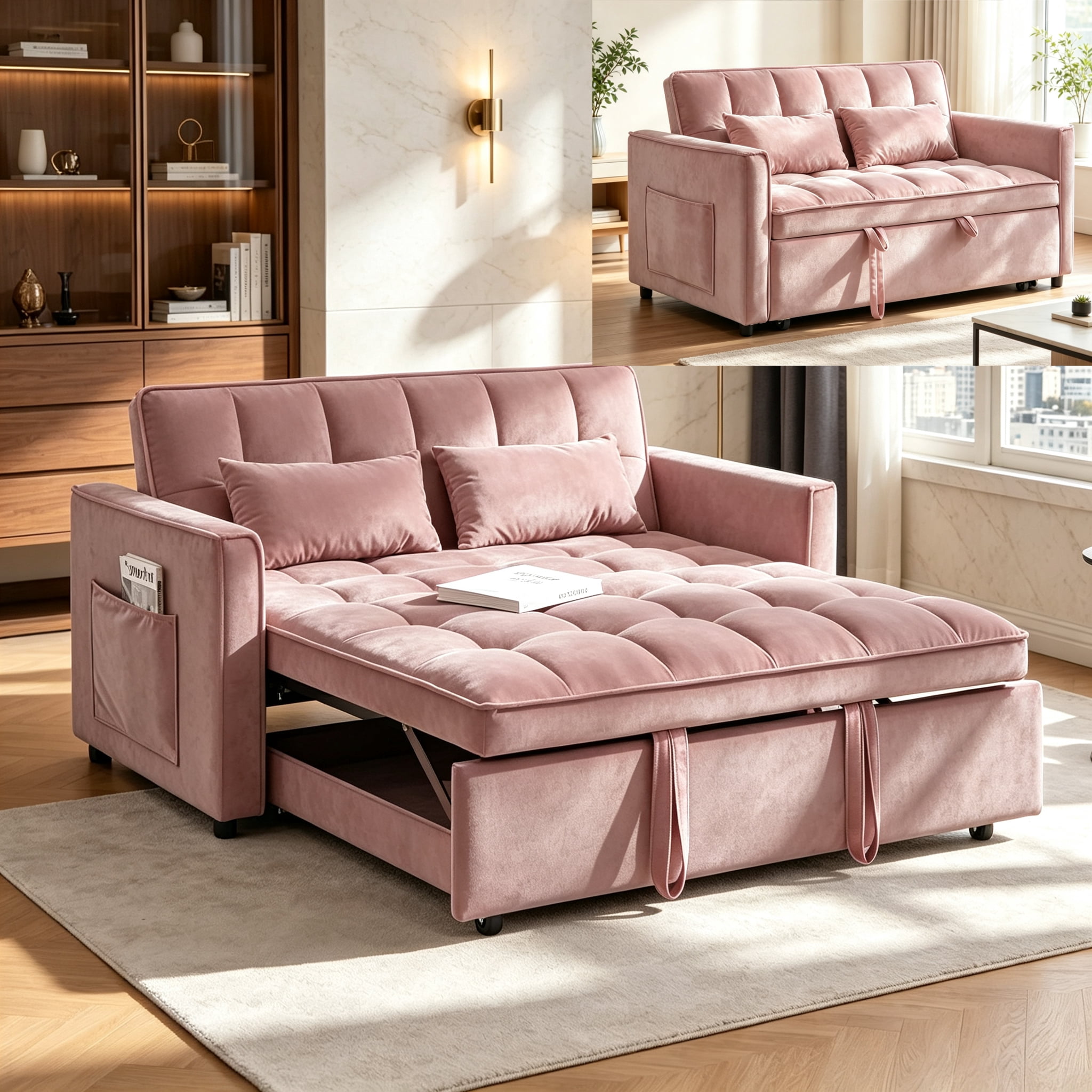 54" Convertible Sleeper Sofa Bed, Modern Velvet 3-in-1 Pull Out Loveseat Couch with 5-Position Backrest & Side Storage Pocket for Living Room, Pink