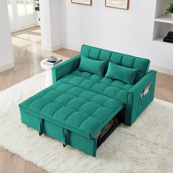 54" Convertible Sleeper Sofa Bed, Pull Out Couch with Adjustable Backrest, Velvet Fabric Loveseat Sleeper Sofa with 2 Pillows and Side Pocket for Living Room, Bedroom, Apartment, Green