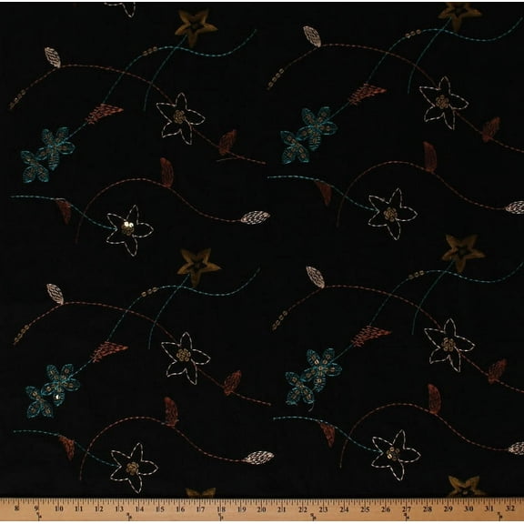 54" Embroidered Floral Flowers Sequins Embellishments on Black Light to Medium Weight Polyblend Fabric by the Yard (6146G-11K-black)