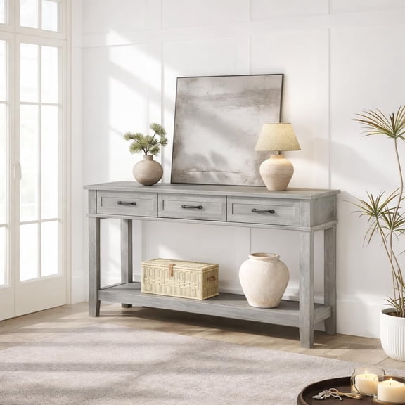 54" Farmhouse Console Table – Grey Entryway Table with 3 Drawers, 3-Tier Storage, Narrow Sofa Table, Waterproof & Easy to Clean
