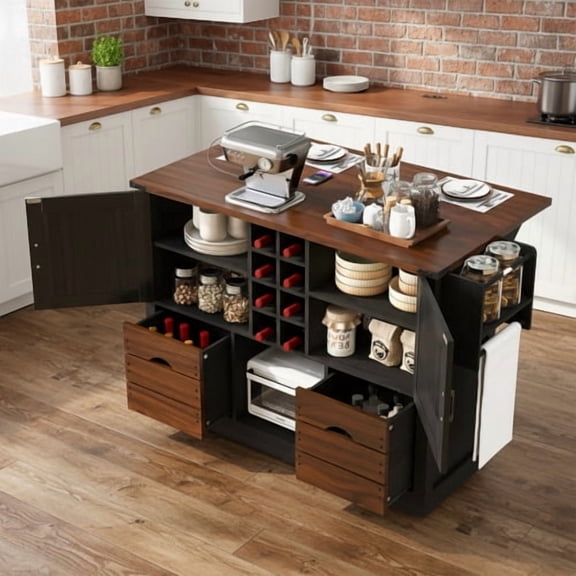 54" Farmhouse Kitchen Island with Drop Leaf & Power Outlet, Storage Cart with 2 Doors 2 Drawers, Rolling Island on 4 Large Wheels with Spice Rack for Kitchen Dining Room, Black