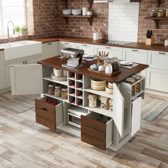 54" Farmhouse Kitchen Island with Drop Leaf & Power Outlet, Storage Cart with 2 Doors 2 Drawers, Rolling Island on 4 Large Wheels with Spice Rack for Kitchen Dining Room, White