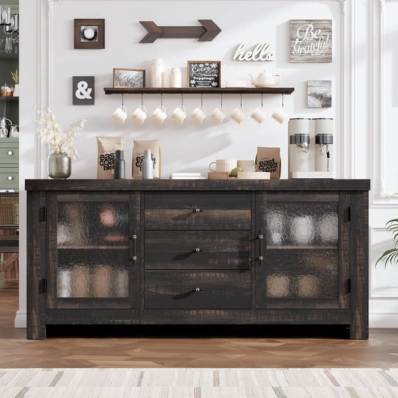 54 Inch Buffet Sideboard with Glass Doors and Drawers, Farmhouse Storage Cabinet for Dining Room Kitchen, Coffee Bar Table with 3 Drawers, TV Stand for Living Room,Black gray