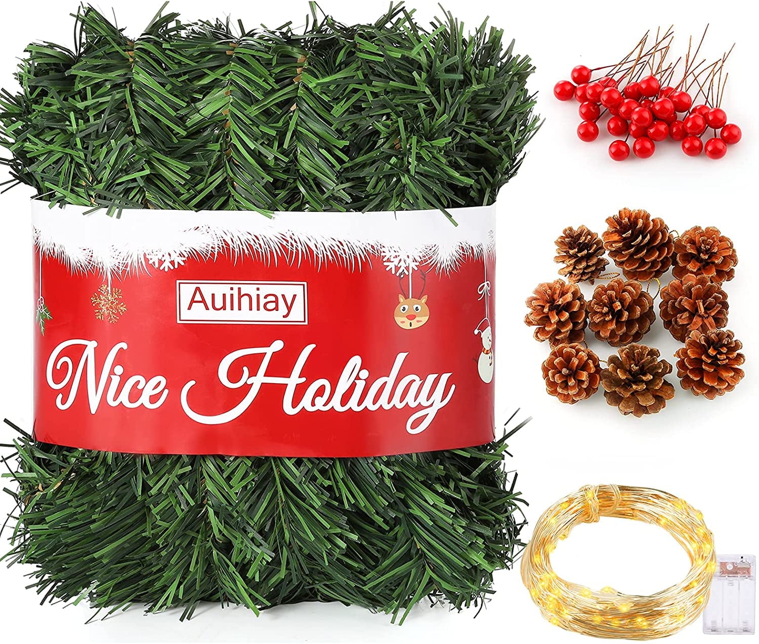 54 Feet Christmas Garland Decoration Soft Greenery Garland with 33 Feet 100 LED String Light, 30 Red Berries and 9 Pine Cones for Home Holiday Party Christmas Outdoor or Indoor Decor