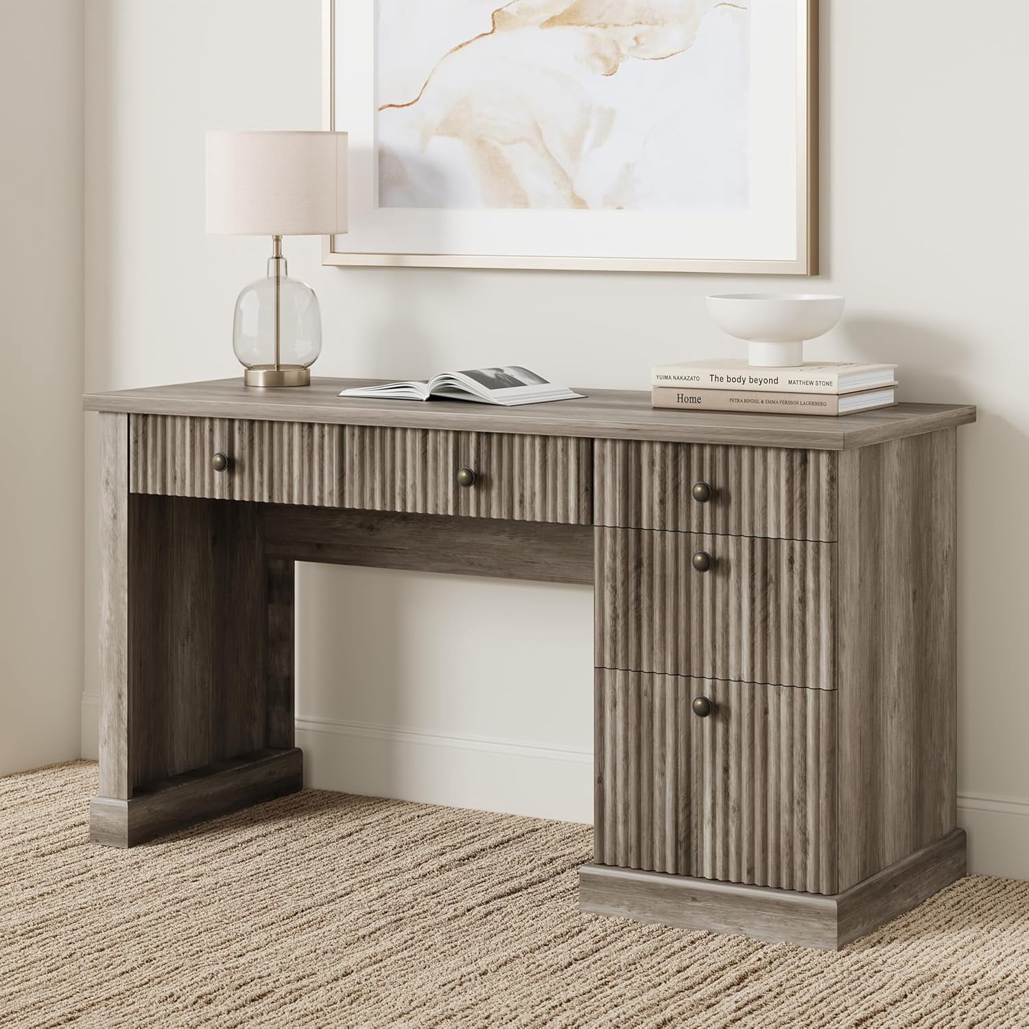 54" Fluted Home Office Desk with Storage, Modern Executive Desk with Charging Station, Wooden Computer Desk with Drawers for Storage File, Writing Desk for Study, Living Room, Bedroom