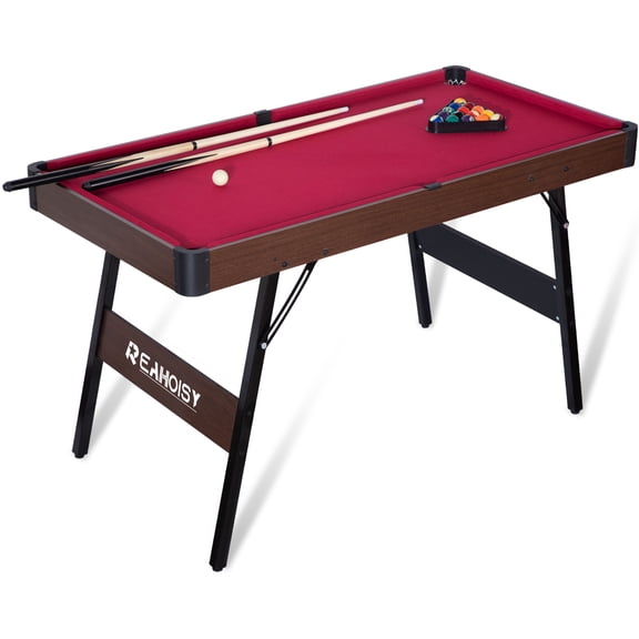 54" Folding Pool Table, Portable Billiard Table Set with Locking Legs & Adjustable Feet, Mini Pool Game Table with Balls, Cue Sticks, Triangle, Chalk & Brush for Kids, Adults & Family Game Room Red