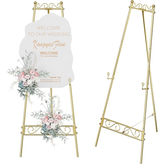 Gold 54 inch Easel Stand for Signs, 3 Tier Adjustable Metal Display Stand with Chain, Heavy Duty for Wedding Painting Party Poster Welcome Sign