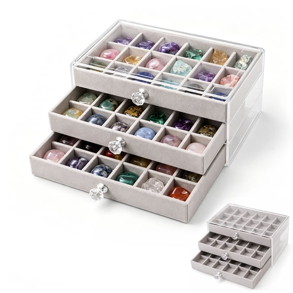 54 Grids Rock Collection Box 3 Drawers Gray Display Case with Velvet Lining Mineral Storage Organizer