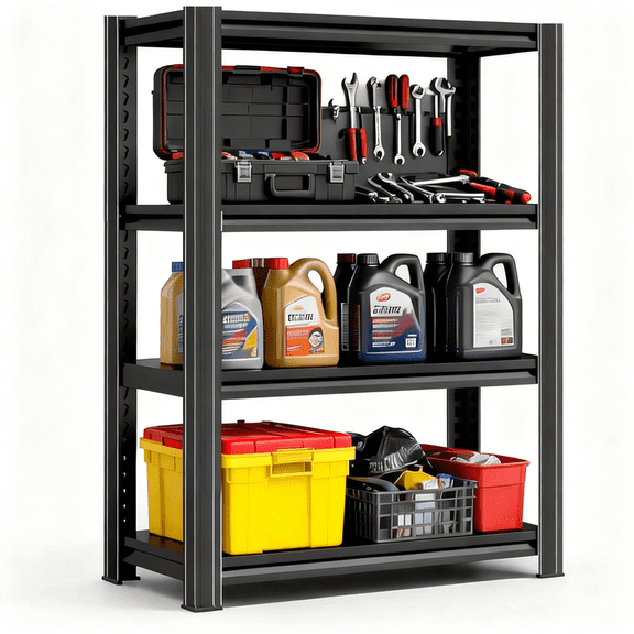 54" H Garage Shelving, Garage Shelving Heavy Duty, 1800Lbs 4 Tier Adjustable Storage Shelves for Warehouse, Basement, Workshop, Double-Layer Column with Reinforced Ribs, 14" D*32" W