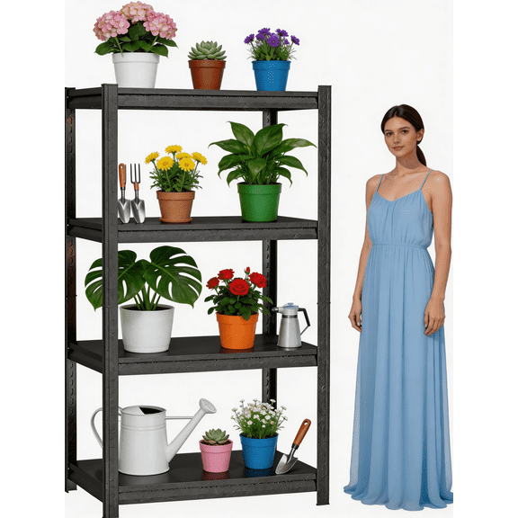 54" H Garage Shelving, Garage Shelving Heavy Duty, 4 Tier Adjustable Storage Shelves for Warehouse, Basement, Workshop, Double-Layer Column with Reinforced Ribs, 12" D*25" W