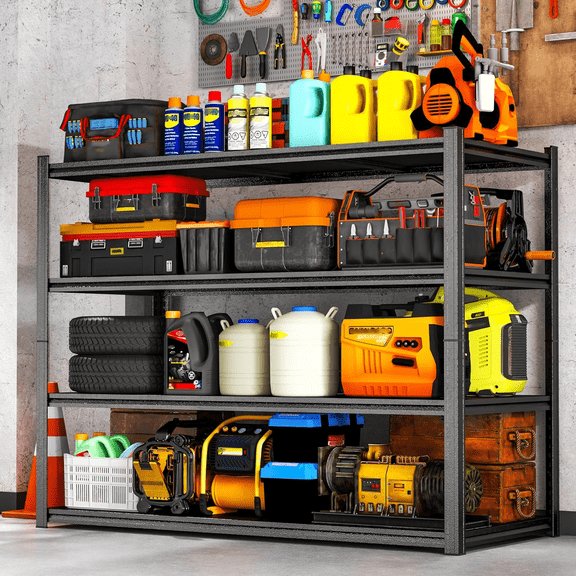 54" H Garage Shelving, Garage Shelving Heavy Duty, 4 Tier Adjustable Storage Shelves for Warehouse, Basement, Workshop, Double-Layer Column with Reinforced Ribs, 14" D*25" W