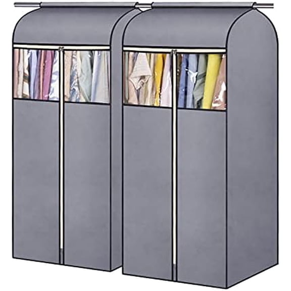 54'' Hanging Garment Bags for Closet Storage Sealed Completely Jackets Coats Suits Clothes Rack Cover for Wardrobe with Clear PVC Window, 2 Packs, Grey(Hanging Rod Not Included)