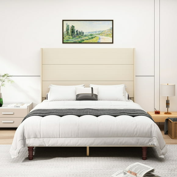 54" High Headboard Queen Bed, Beige - Provide A Stylish And Relaxing Bedroom Experience Back Bed In For Comfortable Rest