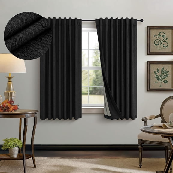 54 Inch Blackout Curtains Length 2 Panels Set Back Tab Pocket Room Darkening Insulating Thermal Short Sunblock Solar Soundproof Black Dark Out Curtains for Bedroom Nursery Man Cave 52x54 Long